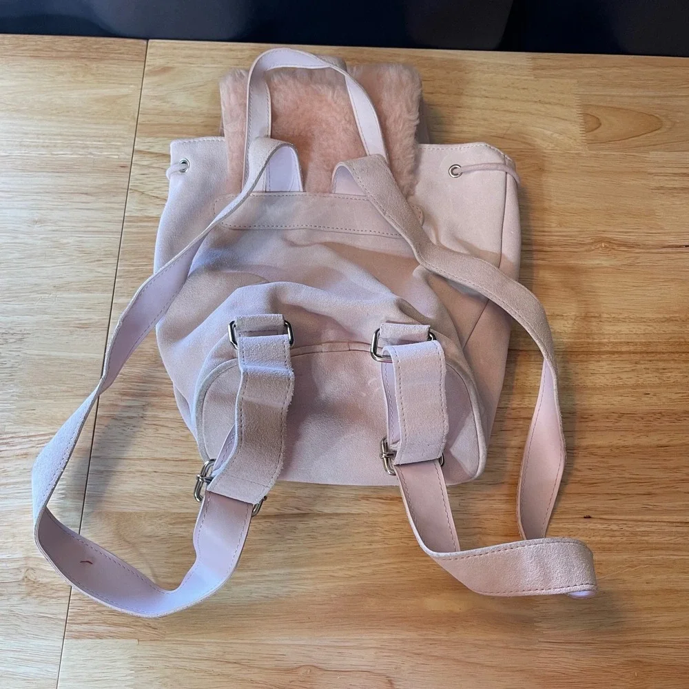 UGG Australia Pink Suede Shearling Fur Mini Backpack Drawstring Bag